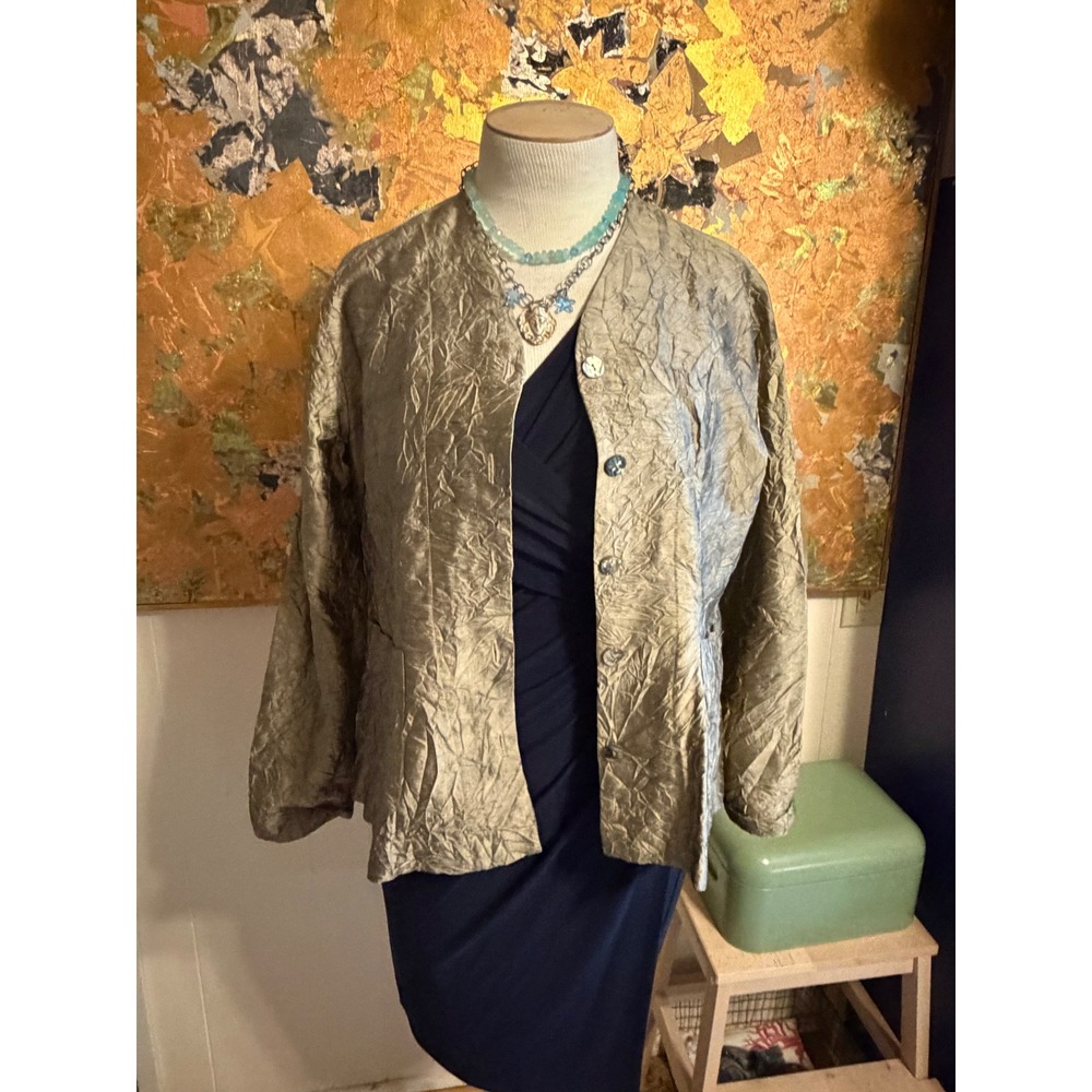 Gertie's North Star Base Artsy Crinkled Gold 100% Silk Button Down Tunic M